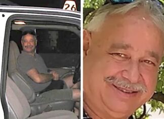 a man sitting in a car next to a picture of a man with a mustache